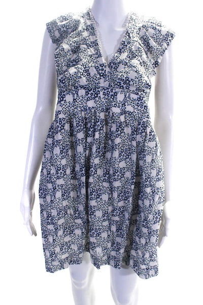 Anthropologie Womens Woven Floral Ruffle Cap Sleeve Knee-Length Dress Blue SizeM