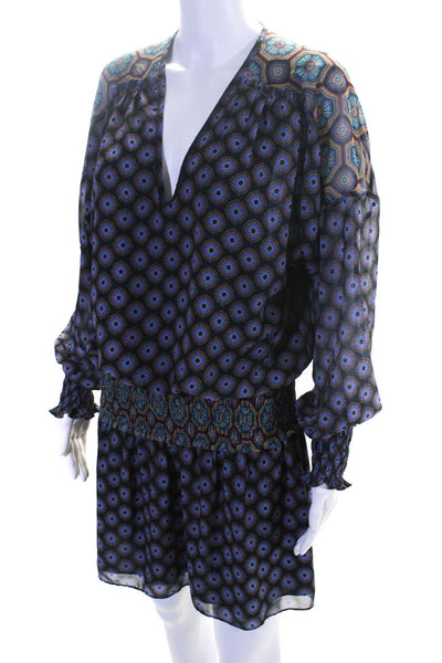 Ramy Brook Women's Long Sleeve V-Neck Abstract Print Blouson Dress Blue Size M