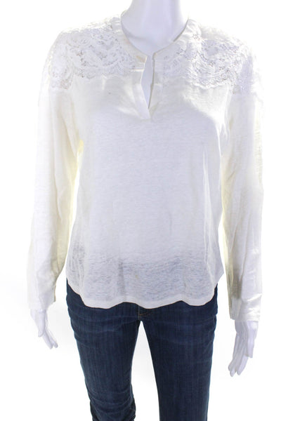 Sandro Women's Lace Trim Long Sleeve V-Neck Blouse White Size 2