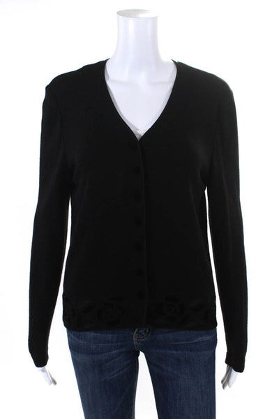 Valentino Women's Wool Velvet Trim Button Down Cardigan Sweater Black Size 8