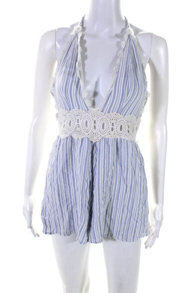 Sage Womens Striped Haler Neck Sleeveless Romper Blue White Size Small