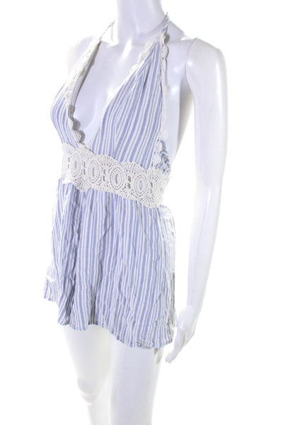 Sage Womens Striped Haler Neck Sleeveless Romper Blue White Size Small