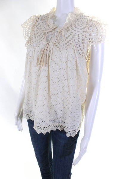 Blue Tassel Womens Floral Lace Embroidered V Neck Cap Sleeve Blouse Cream Size S