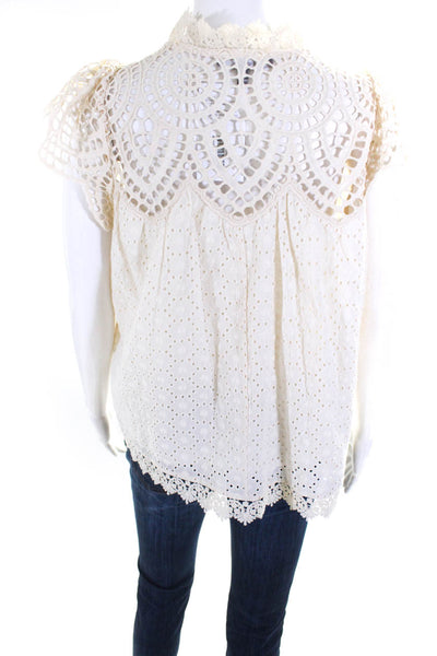 Blue Tassel Womens Floral Lace Embroidered V Neck Cap Sleeve Blouse Cream Size S