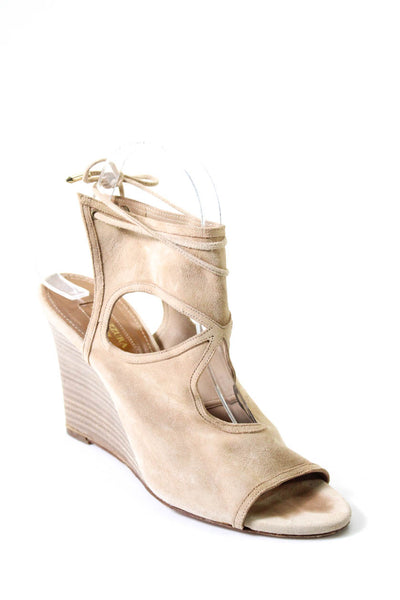 Aquazzura Womens Suede Cut-Out Peep Toe Lace Up Ankle Wedge Heels Tan Size 8