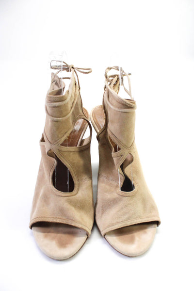 Aquazzura Womens Suede Cut-Out Peep Toe Lace Up Ankle Wedge Heels Tan Size 8