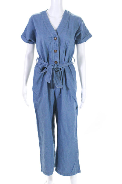 FRNCH Womens Cotton Buttoned Short Sleeve Straight Leg Jumpsuit Blue Size XS