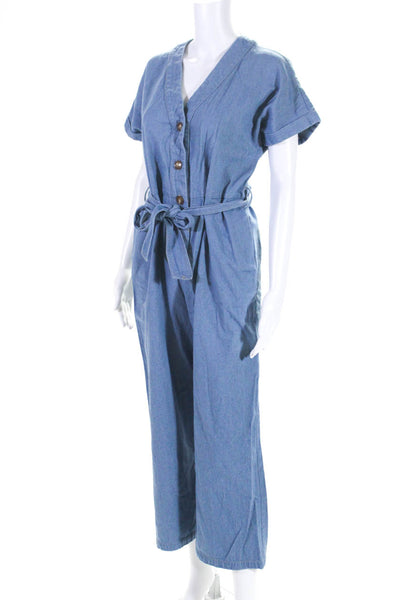 FRNCH Womens Cotton Buttoned Short Sleeve Straight Leg Jumpsuit Blue Size XS