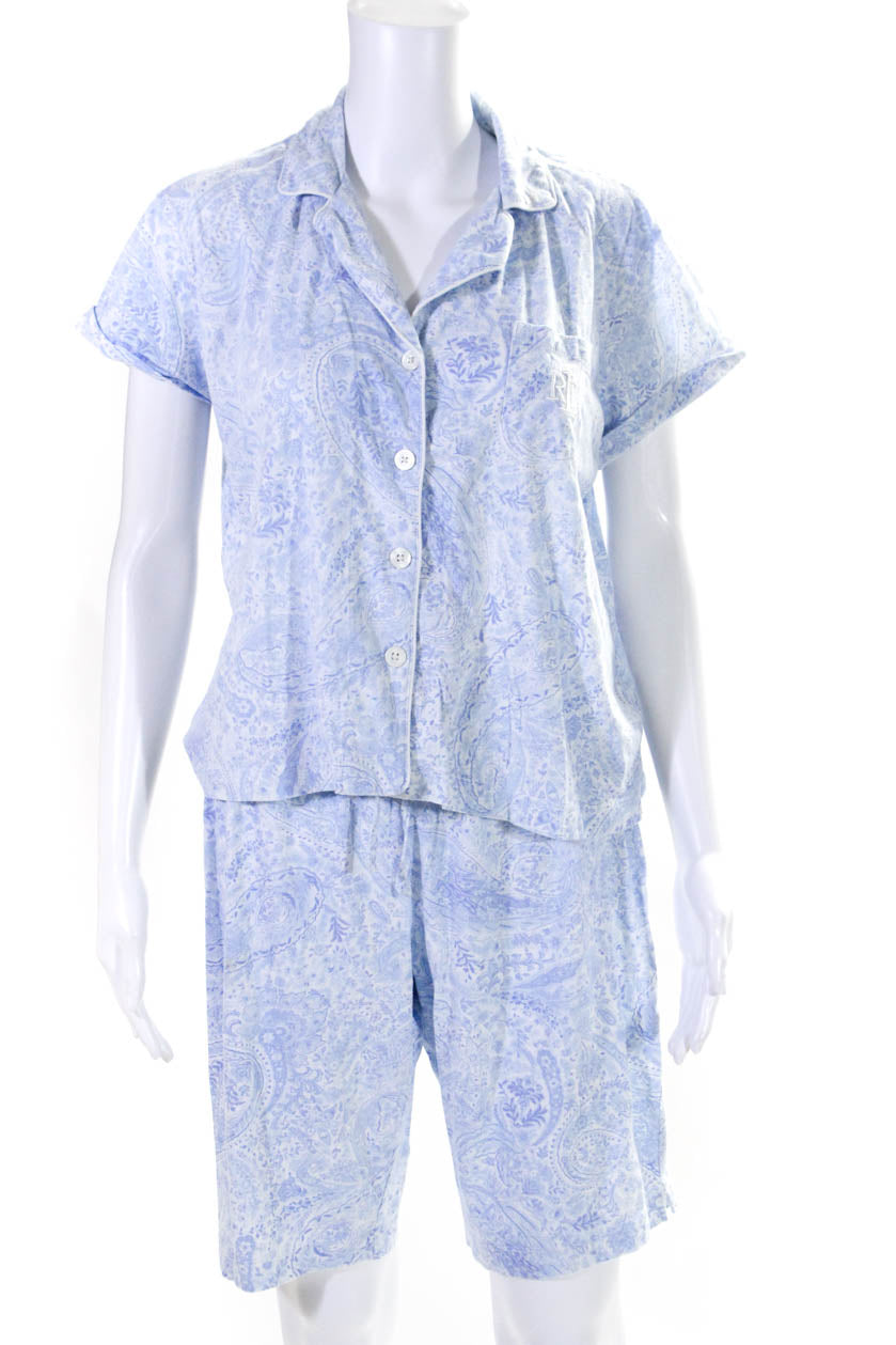 Lauren Ralph Lauren Womens Cotton Paisley Top Shorts Sleepwear Set Blue Size M