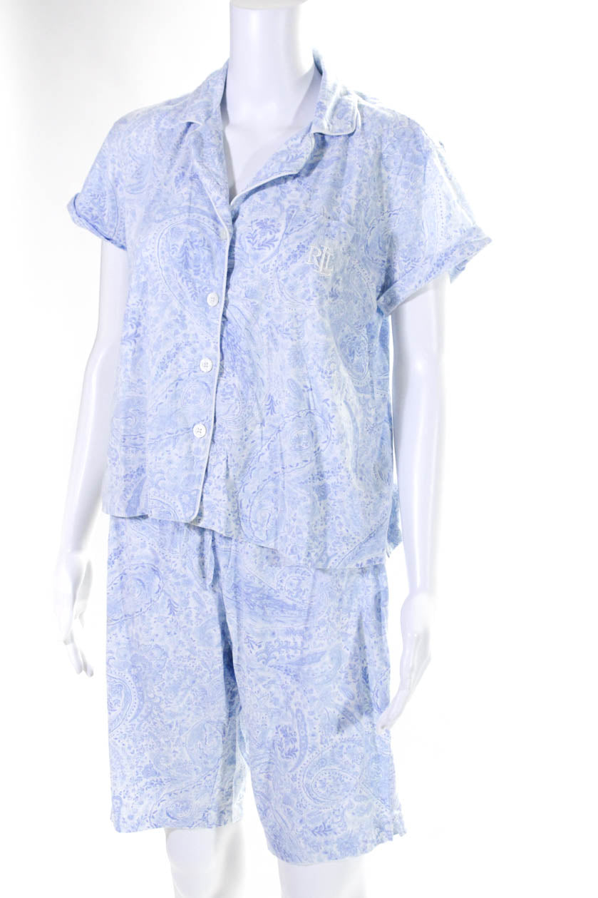 Lauren Ralph Lauren Womens Cotton Paisley Top Shorts Sleepwear Set Blue Size M