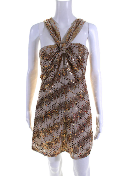 Designer Womens Sequined Halter Neck Sleeveless Cocktail Dress Gold Size Small