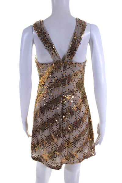 Designer Womens Sequined Halter Neck Sleeveless Cocktail Dress Gold Size Small