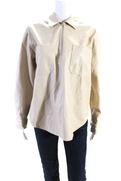 Saylor Womens Faux Leather 1/2 Zip Collared Long Sleeve Shirt Top Beige Size L