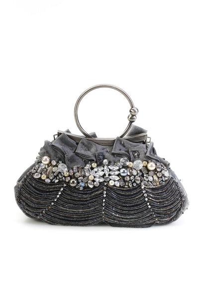 Mary Frances Womens Satin Beaded Jeweled Mini Satchel Shoulder Handbag Gray