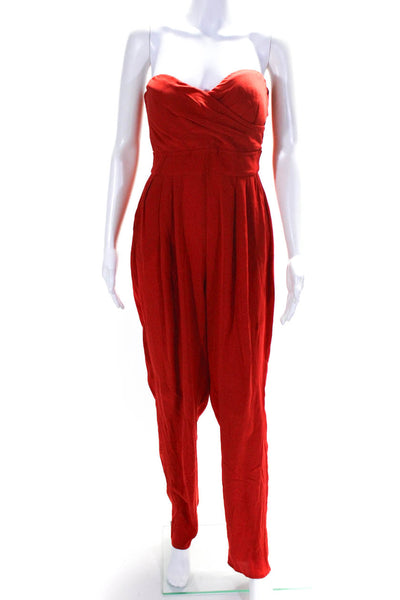 Catherine Malandrino Womens Red Silk Strapless Straight Leg Jumpsuit Size 8