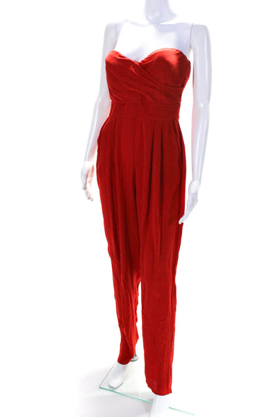 Catherine Malandrino Womens Red Silk Strapless Straight Leg Jumpsuit Size 8