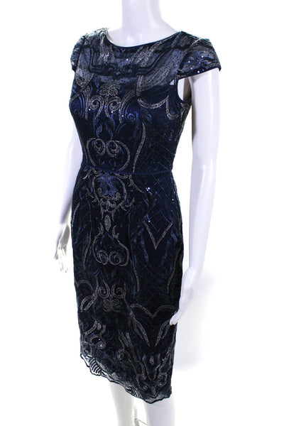 Vince Camuto Womens Back Zip Sequin Mesh Overlay Sheath Dress Blue Size 0