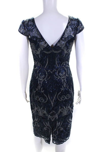 Vince Camuto Womens Back Zip Sequin Mesh Overlay Sheath Dress Blue Size 0