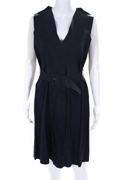 Marni Women's V-Neck Sleeveless Belted Fit Flare Midi Dress Blue Size 42