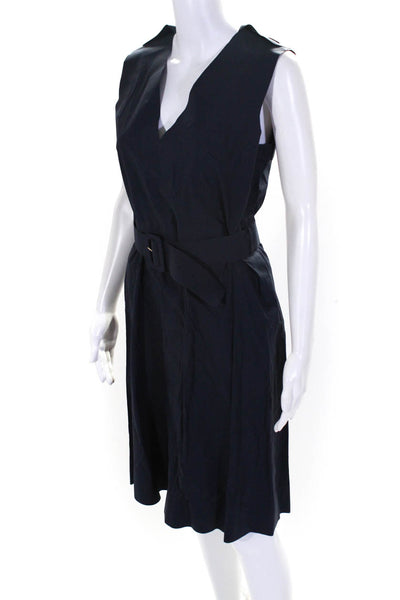 Marni Women's V-Neck Sleeveless Belted Fit Flare Midi Dress Blue Size 42