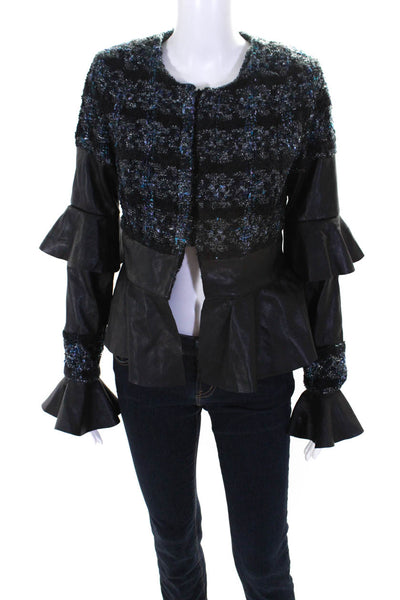 Deborah Lyons Womens Metallic Tweed Vegan Leather Snap Front Jacket Black Size 8