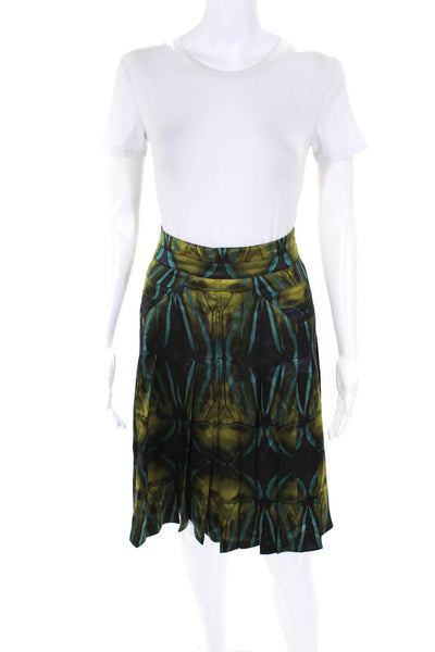 Calvin Klein Womens Silk Satin Abstract Print Pleated Zip Up Skirt Green Size 8