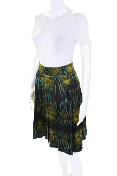 Calvin Klein Womens Silk Satin Abstract Print Pleated Zip Up Skirt Green Size 8