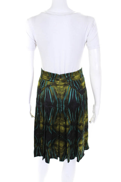 Calvin Klein Womens Silk Satin Abstract Print Pleated Zip Up Skirt Green Size 8