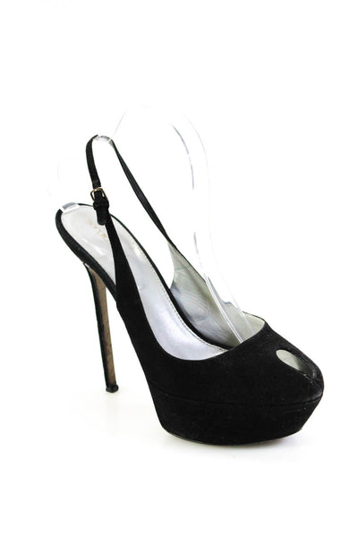 Sergio Rossi Women's Suede Platform Peep Toe Slingback Stilettos Black Size 9.5