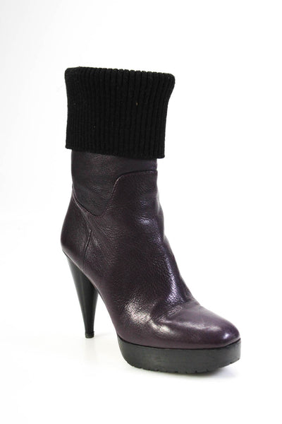 Lanvin Women's Leather Platform Stiletto Ribbed Trim Booties Purple Size 9