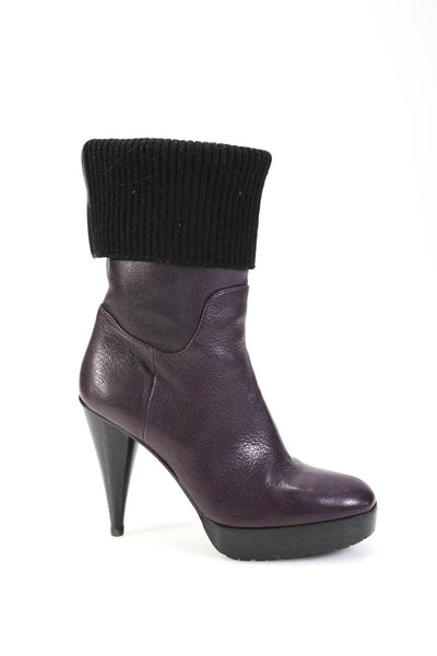 Lanvin Women's Leather Platform Stiletto Ribbed Trim Booties Purple Size 9