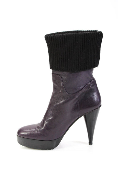 Lanvin Women's Leather Platform Stiletto Ribbed Trim Booties Purple Size 9