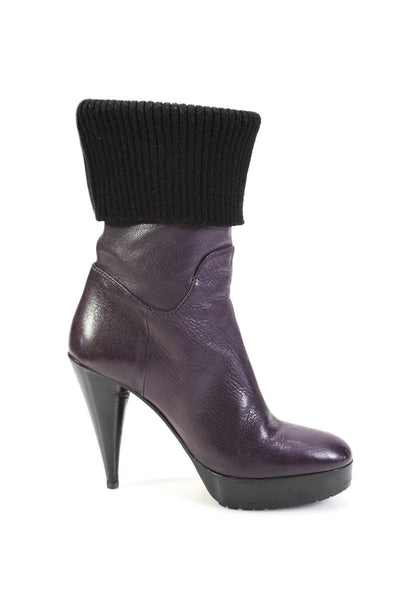 Lanvin Women's Leather Platform Stiletto Ribbed Trim Booties Purple Size 9