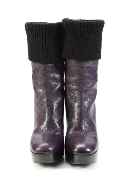 Lanvin Women's Leather Platform Stiletto Ribbed Trim Booties Purple Size 9