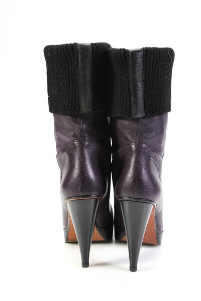 Lanvin Women's Leather Platform Stiletto Ribbed Trim Booties Purple Size 9