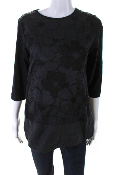 Whyci Milano YC Women's 3/4 Sleeve Floral Embroidered Top Black Size 44