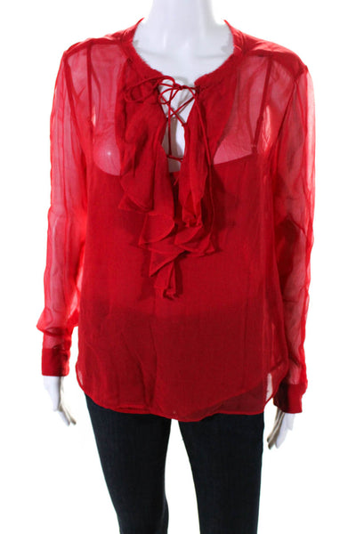 The Kooples Womens Red Silk Ruffle V-Neck Long Sleeve Blouse Top Size XS