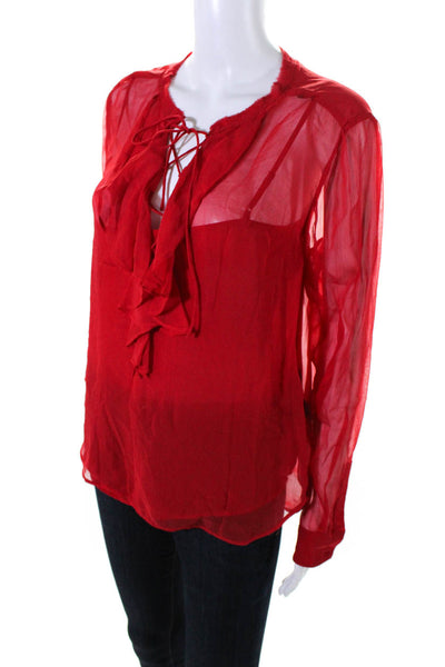 The Kooples Womens Red Silk Ruffle V-Neck Long Sleeve Blouse Top Size XS