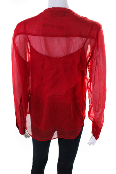 The Kooples Womens Red Silk Ruffle V-Neck Long Sleeve Blouse Top Size XS