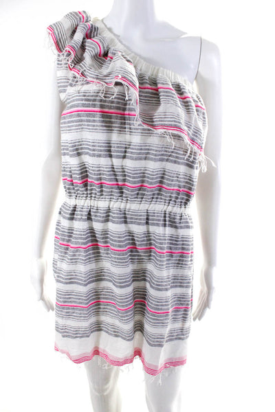 Lemlem Womens Cotton One-Shoulder Striped Fringe Short Dress White Gray Size M