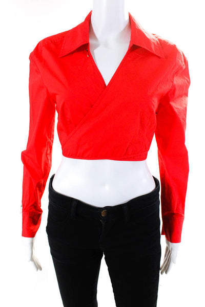Toccin Women's Collar Long Sleeves Wrap Crop Blouse Red Size 4