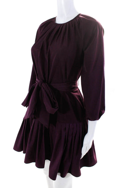 LDT Womens Round Neck Long Sleeves Drop Waist Pleated Mini Dress Burgundy Size 2