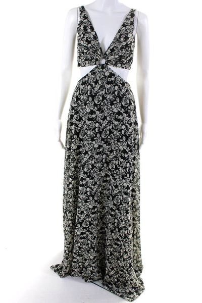 LDT Women's V-Neck Long Sleeves Cutout Side Floral Maxi Dress Size 4