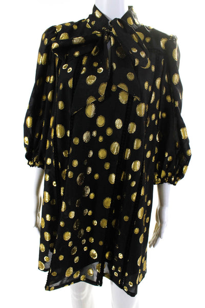 Toccin Women's 3/4 Sleeves A-Line Mini Dress Black Gold Polka Dot Size S