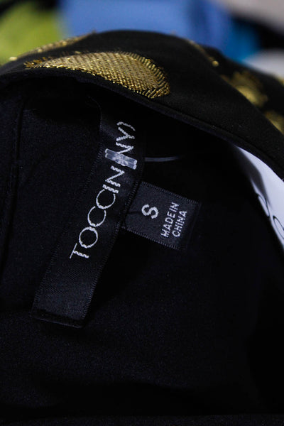 Toccin Women's 3/4 Sleeves A-Line Mini Dress Black Gold Polka Dot Size S