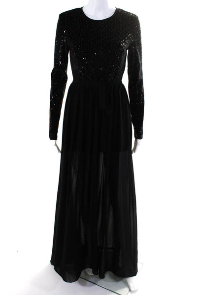LDT Women's Round Neck Long Sleeves Sequin Flare Maxi Dress Black Size 2