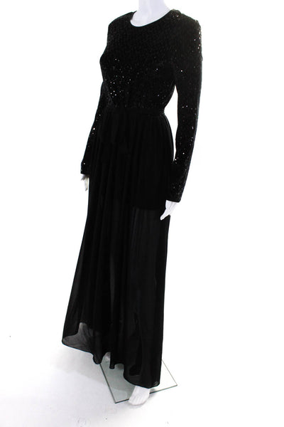 LDT Women's Round Neck Long Sleeves Sequin Flare Maxi Dress Black Size 2