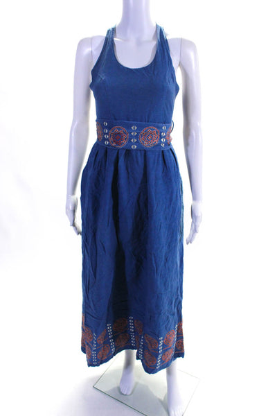 Lauren Moffatt Womens Sleeveless Embroidered Halter Maxi Dress Blue Size 2