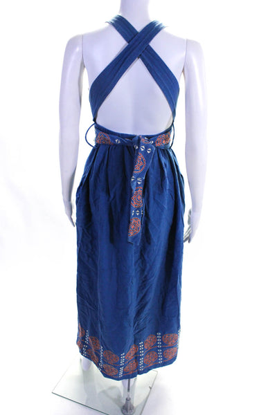 Lauren Moffatt Womens Sleeveless Embroidered Halter Maxi Dress Blue Size 2