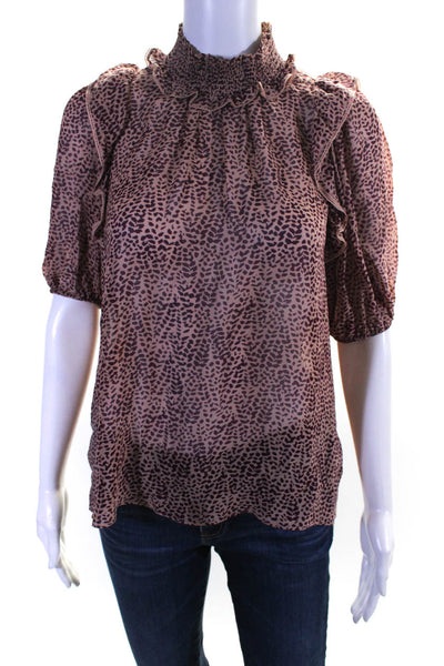 Joie Womens 100% Silk Spotted Ruffled Short Sleeved Blouse Purple Tan Size XS